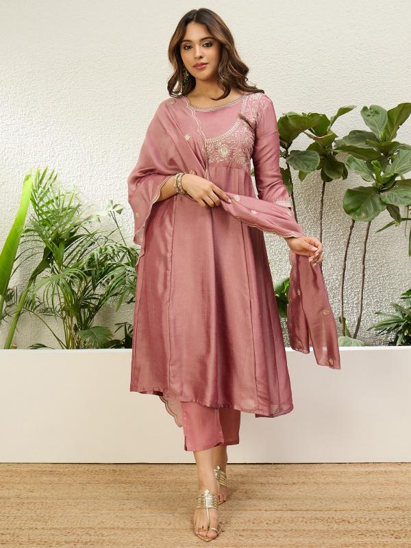 9875 P Women’s Silk A line Kurta Pent Dupatta Sets with Zari Embroidery Work | 3pcs Ethnic Set